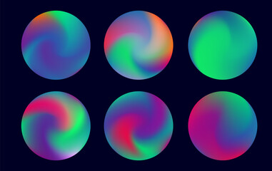 Poster - Vector illustration in a modern, abstract style features glowing spheres with neon gradients. Vivid orange, green, blue, purple, and pink swirl in soft circular shapes against a dark background.