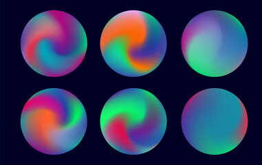 Poster - Vector illustration in a modern, abstract style features glowing spheres with neon gradients. Vivid orange, green, blue, purple, and pink swirl in soft circular shapes against a dark background.