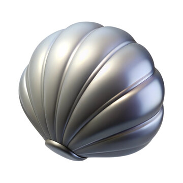 Realistic rendered seashell graphic with a smooth metallic surface set against a black background