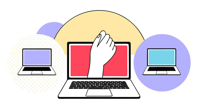 hand reaches for button on computer laptop type message online job and communication freelancers conference contemporary vector illustration art 22790013 1