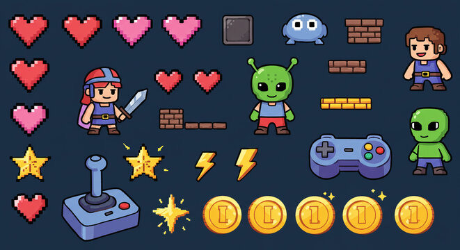 Pixel art game assets set vector illustration with characters and items for game design and development on transparent background