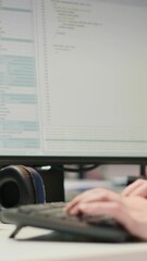 Fototapete - Vertical video Startup office IT professional using AI LLM chatbot, optimizing systems performance. Computer scientist uses artificial intelligence assistant to automate workflows, camera A