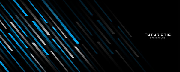 Poster - Techno abstract background on dark space with blue white lines decoration. High speed with stripes style. Modern graphic design element moving concept for web banner, flyer, card, or brochure cover
