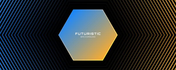 Poster - 3D blue yellow techno abstract background overlap layer on dark space with hexagon lines effect decoration. Modern graphic design element stripes style concept for web, flyer, card, or brochure cover
