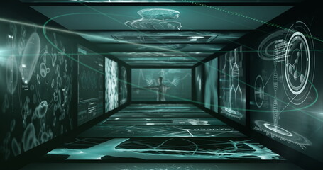 Poster - Displaying glowing silhouette engaging with holographic data in research corridor, with DNA helix