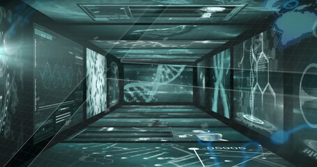 Poster - Displaying futuristic data corridor in virtual lab, glowing with holographic DNA models and graphs