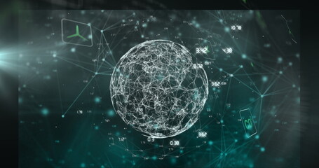 Poster - Floating 3D wireframe sphere glowing in digital space, with UI panels, airplane icon and CO? data
