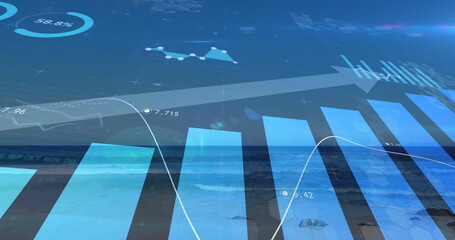 Poster - Displaying data overlaying ocean, showing bars and line graph, progress circle, arrow