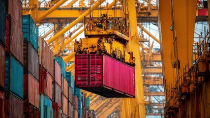 Poster - Large industrial crane is lifting a red shipping container in a port, surrounded by stacks of colorful containers, showcasing global logistics and freight transportation