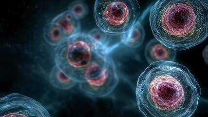 Poster - Microscopic view revealing organic cells actively dividing and multiplying, showcasing the intricate process of new life formation in a detailed scientific visualization