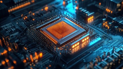 Poster - Close-up circuit board with glowing chip