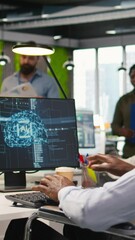 Poster - Vertical video Technician in wheelchair using AI on computer to optimize performance and forecast issues. African american employee with disability in inclusive office training machine learning models