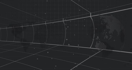 Poster - Grid tunnel opening sending dots drifting globe forming then rotating visualizing digital world
