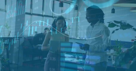 Poster - By opening laptop, woman and colleague analyzing business data, showing overlay chart fluctuating