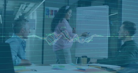 Poster - Presenter gesturing at flip chart axes activating waveform and colleagues logging business data