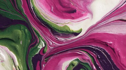 Poster - Intricate closeup of colorful paint swirls featuring a harmonious mix of green pink and purple. The flowing liquid creates a dynamic texture that evokes creativity making it an excellent