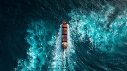 Poster - Large cargo ship navigating through dark blue ocean waters, creating white waves, captured from a drone's aerial perspective, highlighting global trade and transportation dynamics