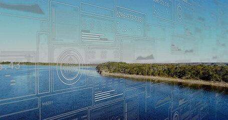 Poster - Aerial view panning forested peninsula, initiating AR panels updating sensor data for monitoring