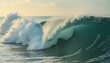 © DhanaStudio - Large ocean wave with white foam cresting in the sea at sunset.