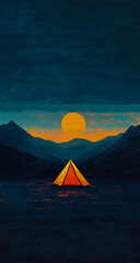 Wall Mural - A camping tent has been set up on the hillside, with a warm orange light glowing softly from within, illuminating the surrounding camping equipment laid out in front.