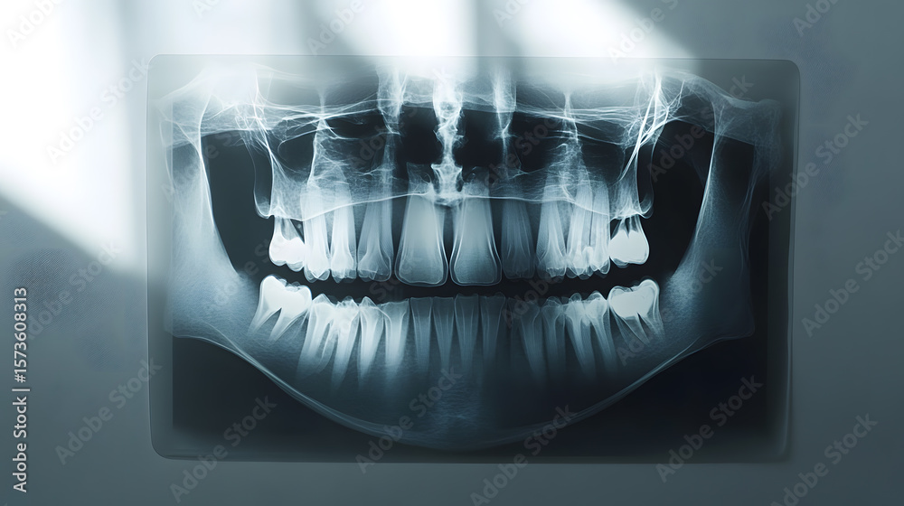 Dental X ray image showing teeth and jaw structure on neutral grey ...