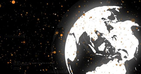 Poster - After loading digital scene, stylized globe rotating and emitting code bits representing data flow