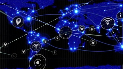 Poster - Radar pulse initiating network animation on map extending lines adding icons showing global network