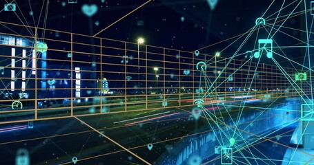 Poster - Thin grid lines sweeping over bridge starting green icons connecting into network showing data flow