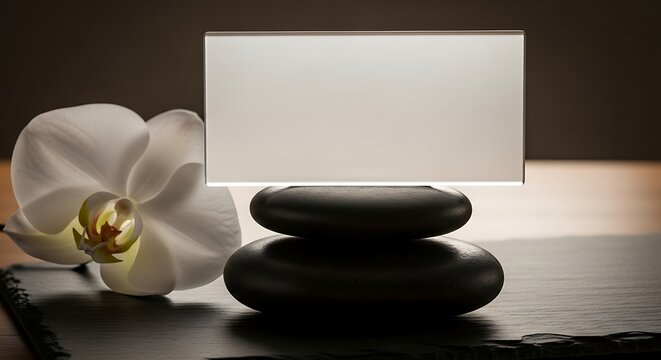 Elegant still life featuring orchid, stones, and space for text or promotion