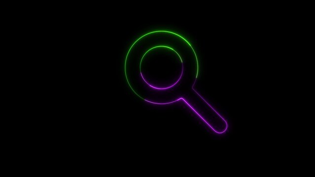 Abstract glowing neon magnifying glass icon with green and purple light on black background