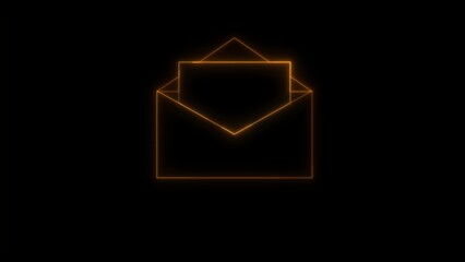 Poster - Abstract orange neon outline of an open envelope with a letter inside on a black background