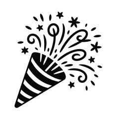 Black and white illustration of a party popper exploding with stars and confetti