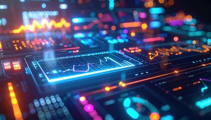 Poster - Highly detailed futuristic digital control panel with holographic interfaces illuminated by vibrant neon lights and dynamic data visualizations for technology concept