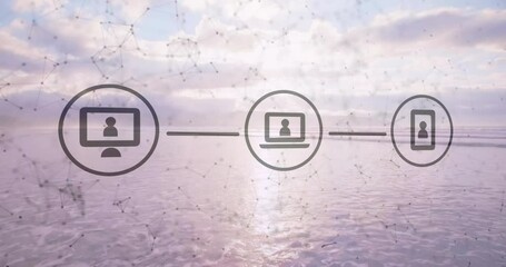 Poster - Starting with desktop icon at sunrise lines linking laptop and smartphone, visualizing network