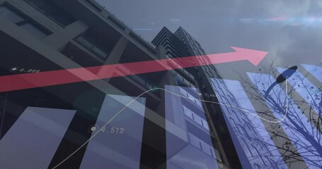 Poster - Upon start building facade showing bars rising chart fluctuating arrow tilting showing market trend