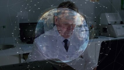 Poster - Senior scientist typing on keyboard activating rotating globe overlay and reviewing network data