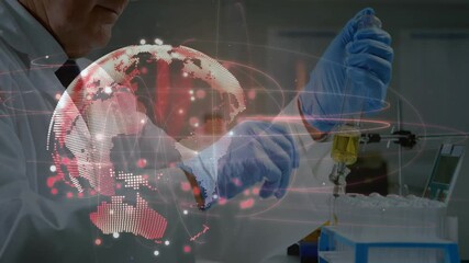 Poster - Scientist reaching for pipette drawing yellow liquid in laboratory as globe intensifying data links