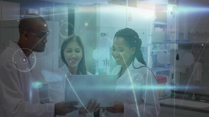 Poster - Scientists opening laptop and projecting holographic data overlay while working in research lab