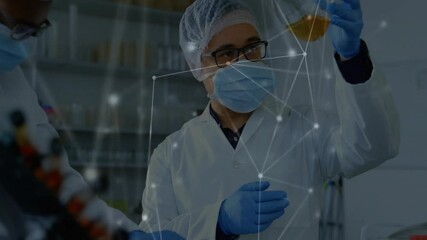 Aufkleber - Lab team reviewing tablet data and inspecting amber flask under network overlay assessing clarity