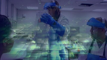 Poster - Lead scientist lifting tray and scanning transparent sheet for inspection in lab with data overlay