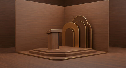 Aufkleber - Elegant presentation stage with wooden texture and golden arch decoration design
