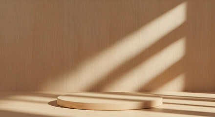 Aufkleber - Minimalist wooden podium illuminated by sunlight, ideal for product presentations