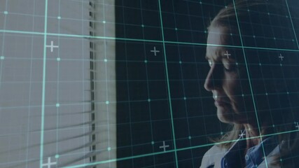 Poster - Senior woman holding tablet by blinds, hearing alert tone and reviewing data with pulsing tech grid