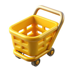 Poster - Bright yellow shopping cart with metal handle isolated on transparent background