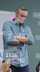 Poster - Animation of notification bars over diverse coworkers discussing about product design in office