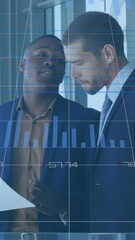 Poster - Animation of financial data and graphs over happy diverse businessmen talking in office