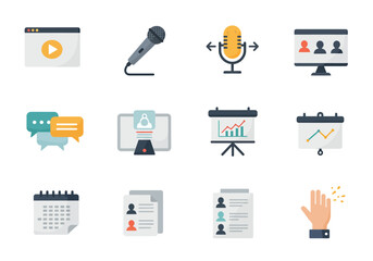 Fototapete - Twelve flatstyle icons representing online meetings and presentations