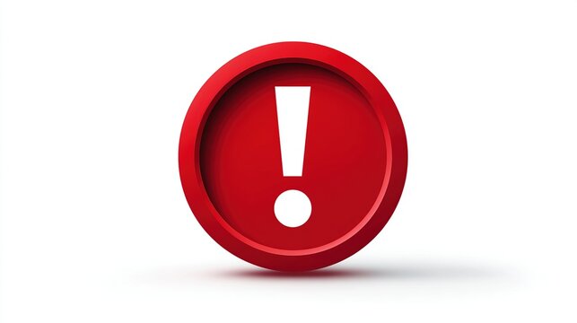 A 3D rendered red circular button with a prominent white exclamation mark, set against a clean white background, casting a subtle shadow