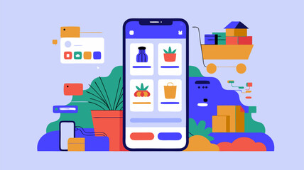 Aufkleber - Online shopping mobile app interface with illustrated elements and cart conceptual image