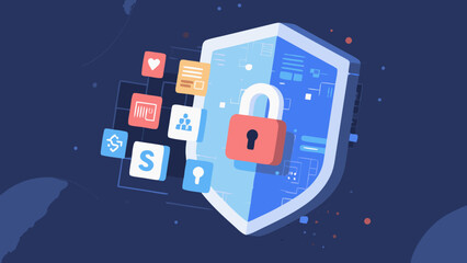 Poster - Data security protection shield and lock icon with network connections in digital world
